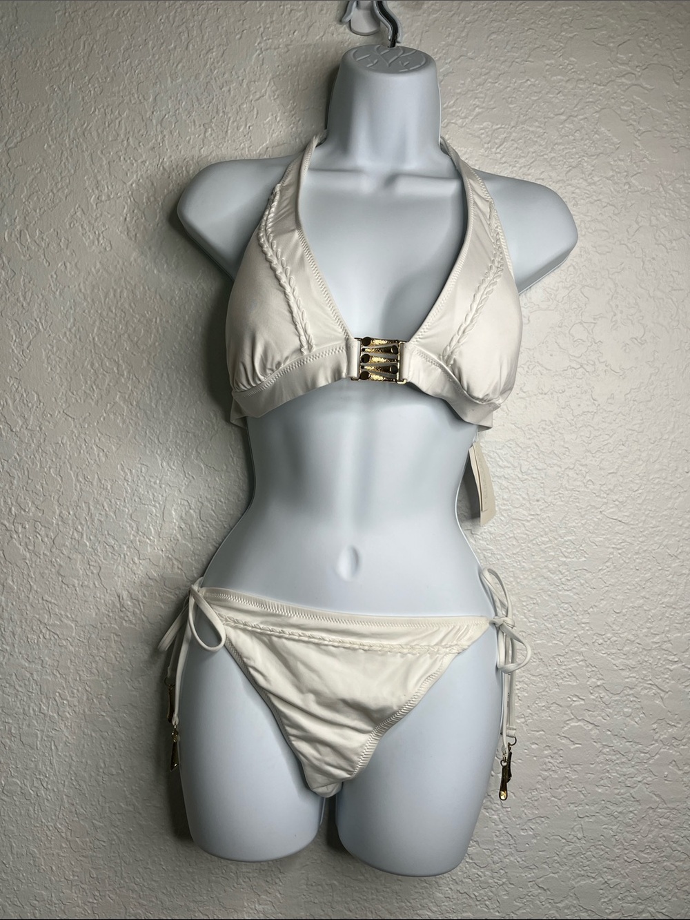NWT Trina Turk White Gold Accents Halter String Bikini Sz 12